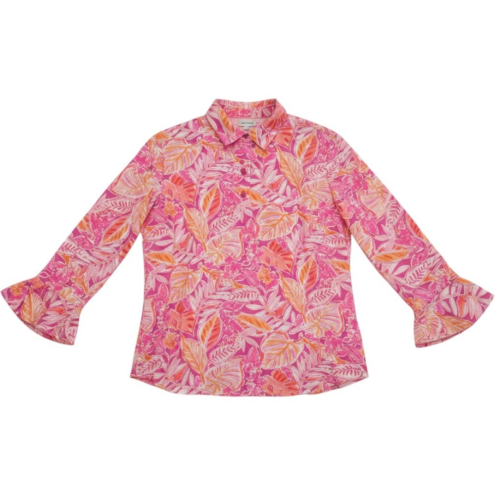 IBKÜL Womens XL Pink‎ Orange Tropical Leaf Sun Shirt Ruffle Sleeve Mesh Panels